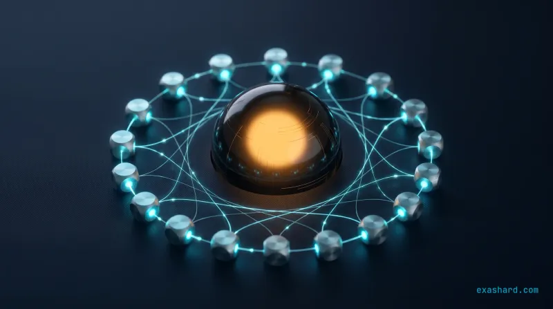 FastAPI microservices architecture, shown as a glowing compute core ringed by lightweight worker processes