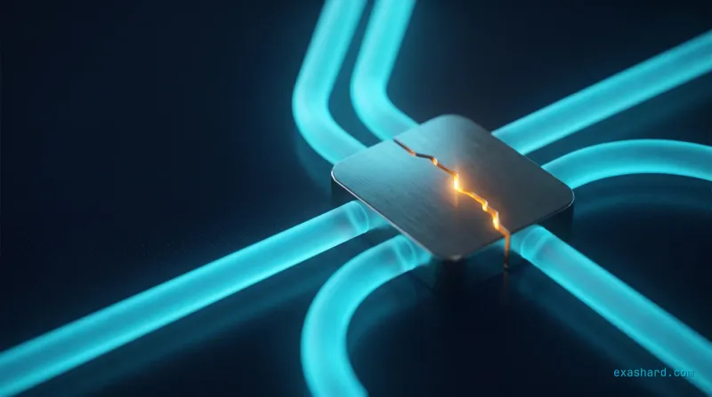Polyglot microservices boundary, shown as cyan conduits meeting at a junction plate split by a glowing amber fault line
