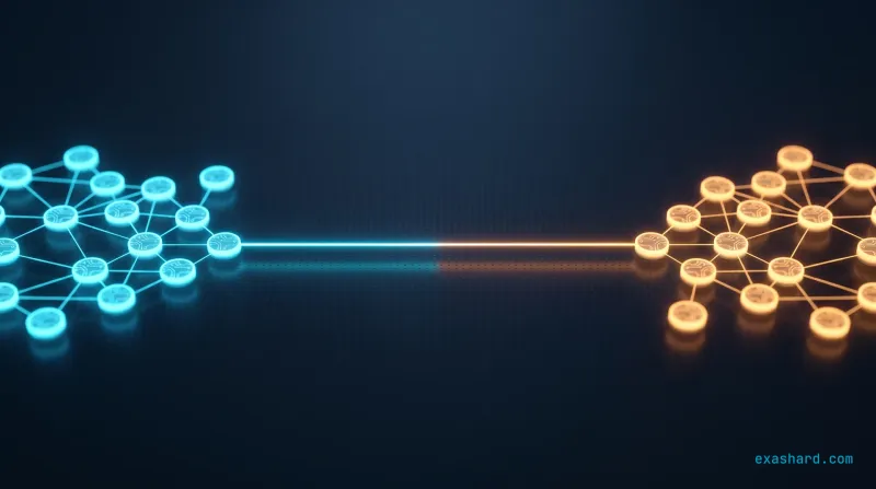 Bounded contexts in microservices, shown as two self-contained domains separated by a clean luminous interface