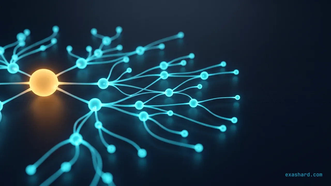Notification fanout architecture, shown as one amber source node bursting out to many cyan recipient nodes