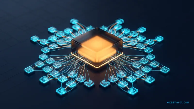 Shared libraries in microservices, shown as one amber shared module that many cyan services depend on
