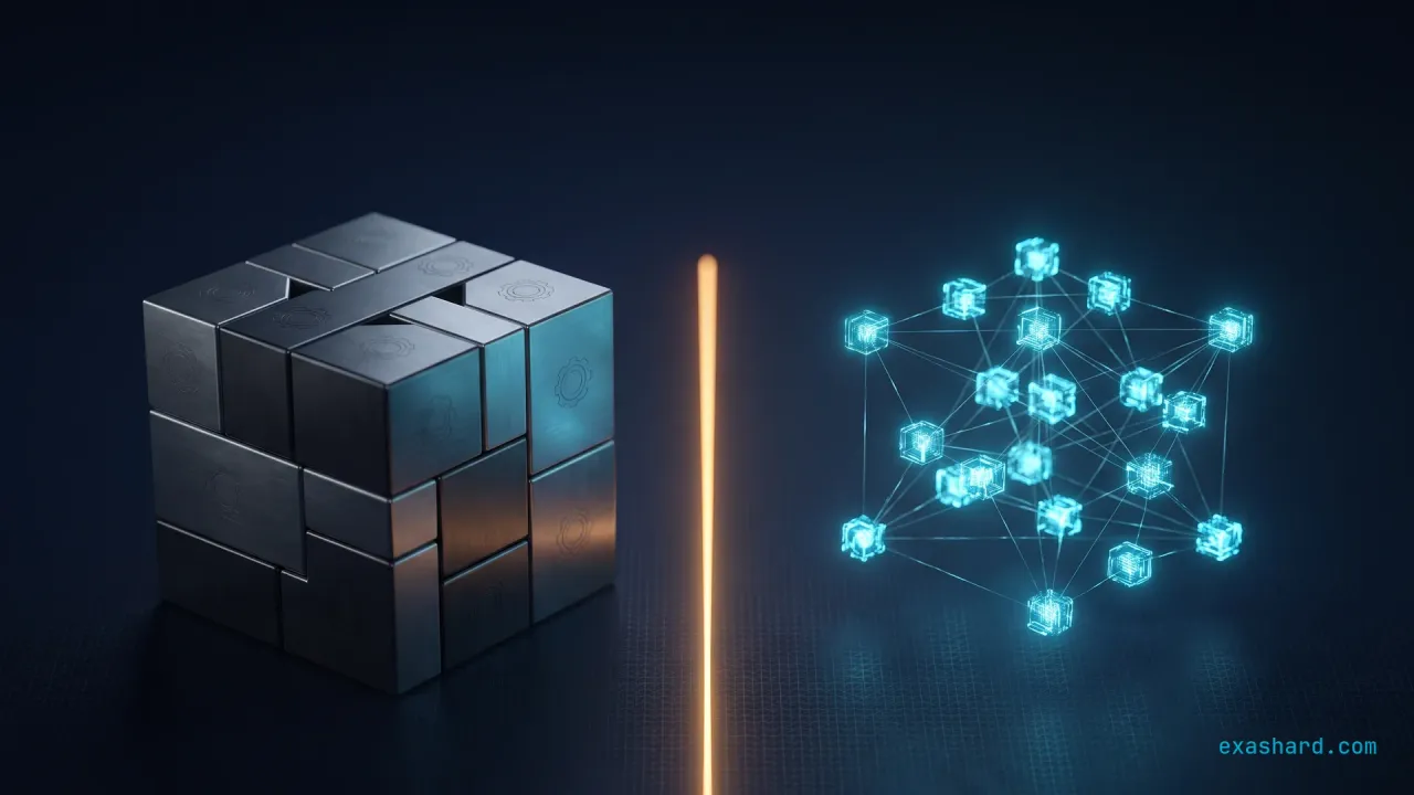 Modular monolith vs microservices, shown as a segmented solid cube beside a distributed node mesh split by an amber divider