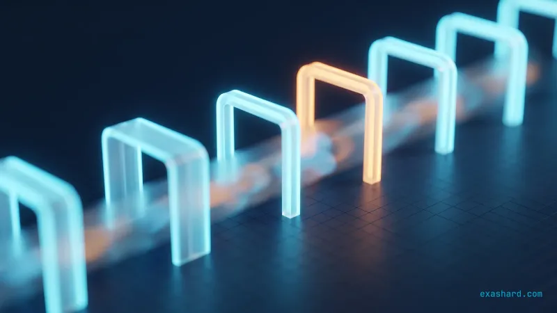The Kubernetes deployment checklist, shown as a sequence of glowing checkpoint gates with one amber gate