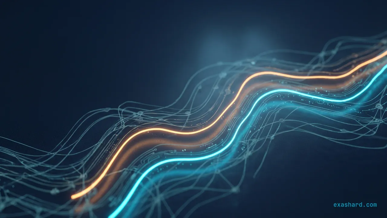 OpenTelemetry sampling strategies, shown as a river of dimmed cyan trace spans with a few kept amber ones