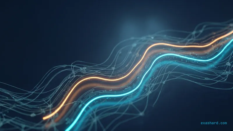 OpenTelemetry sampling strategies, shown as a river of dimmed cyan trace spans with a few kept amber ones