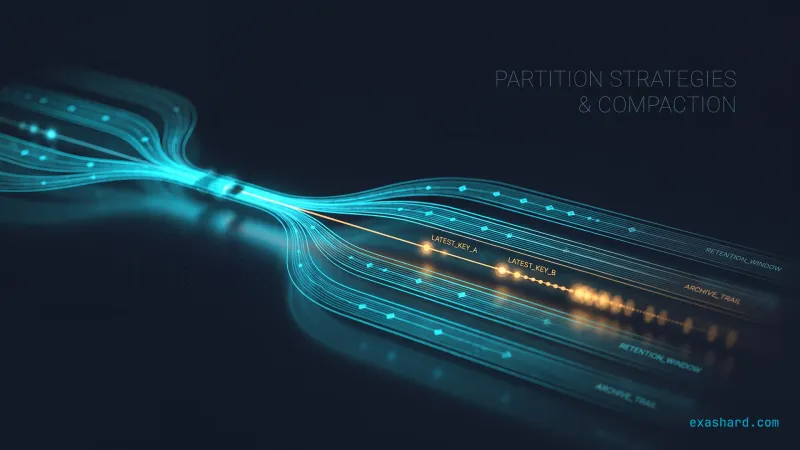 Kafka partitions retention and compaction, shown as parallel cyan partition lanes with one amber compacted lane keeping latest records